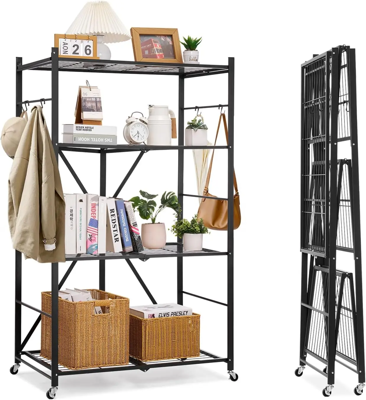 4-Tier Foldable Storage Shelf, 36W x 21D x 60H Inch Folding Metal Rack Shelving Unit, No Assembly Organizer Shelf with 5 Wheels
4-Tier Foldable Storage Shelf, 36W x 21D x 60H Inch Folding Metal Rack Shelving Unit, No Assembly Organizer Shelf with 5 Wheels