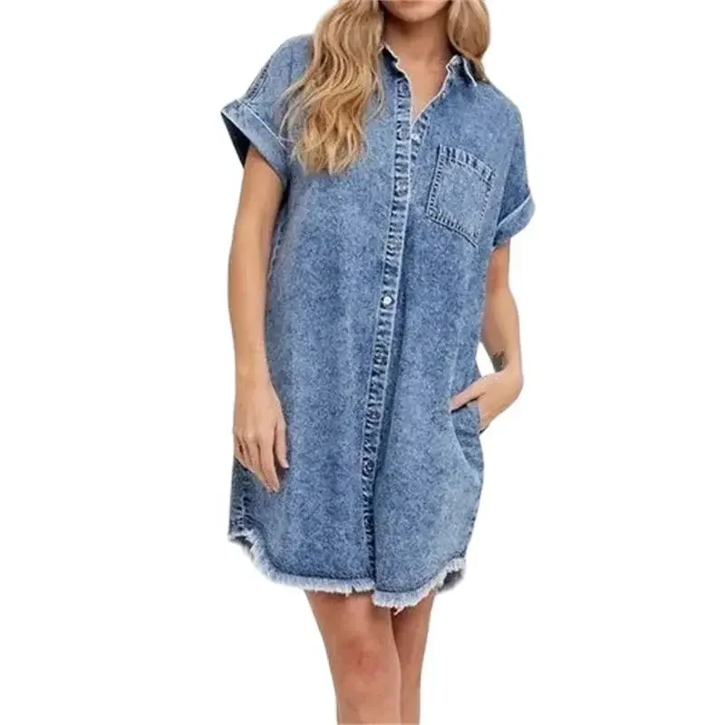 Women Side Pocket Denim Dresses Lapel Single-breasted Cardigan Gown Casual Streetwear Female Short Sleeve Loose Tassel Hem Dress
Women Side Pocket Denim Dresses Lapel Single-breasted Cardigan Gown Casual Streetwear Female Short Sleeve Loose Tassel Hem Dress