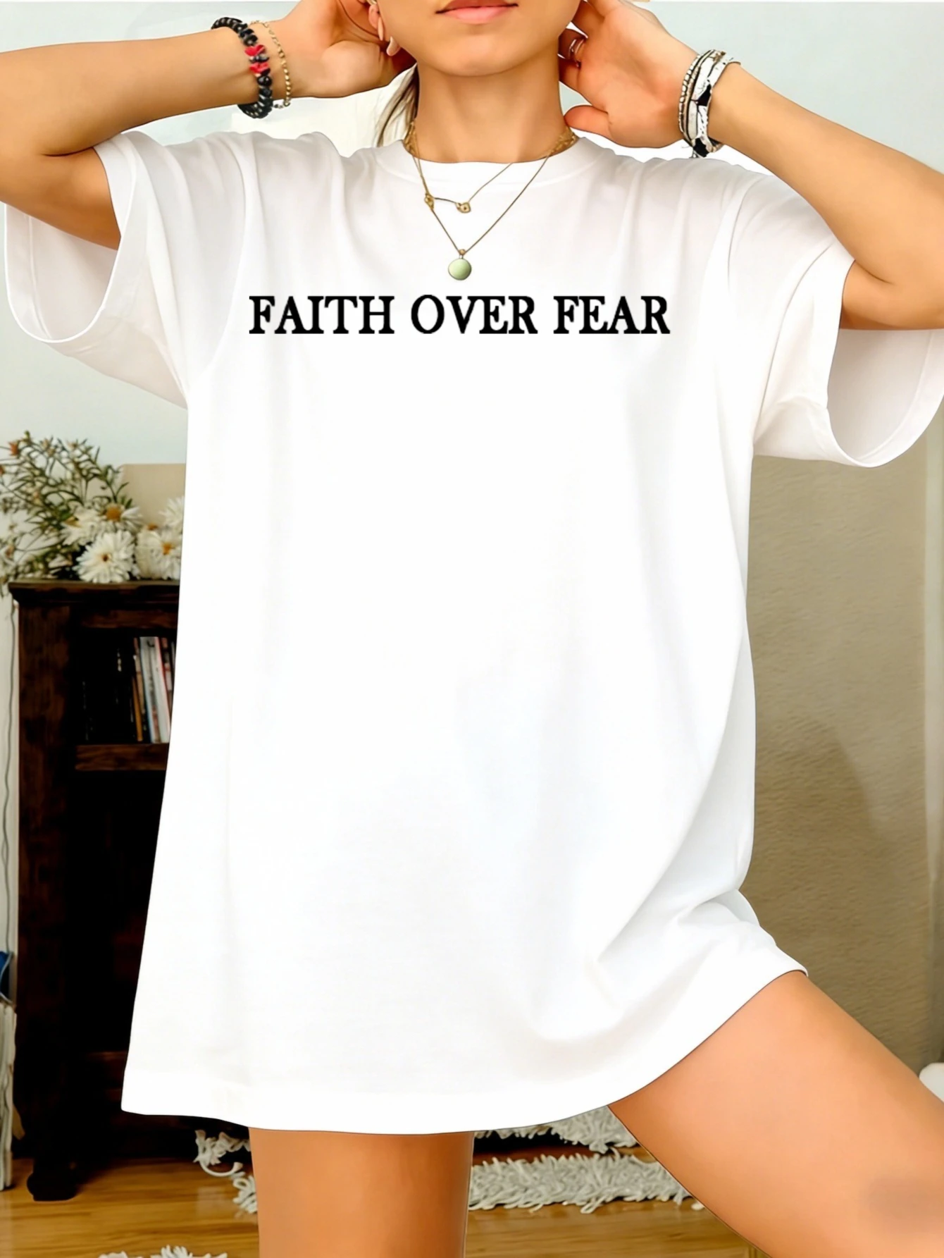 Womens FAITH OVER FEAR Printed Graphic Cotton Oversized Casual Summer T Shirt
Womens FAITH OVER FEAR Printed Graphic Cotton Oversized Casual Summer T Shirt