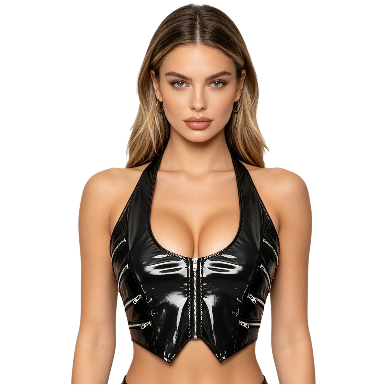 Womens Front Zipper Back Lace-up V Neck Crop Vest Glossy PU Leather Halter Latex Crop Tank Top Zip Mini Corset Y2k Clubwear
Womens Front Zipper Back Lace-up V Neck Crop Vest Glossy PU Leather Halter Latex Crop Tank Top Zip Mini Corset Y2k Clubwear