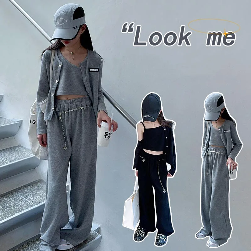 Korean Spring Autumn Junior Gir 3PCS Clothes Set Teenager Girls Sling+Cardigan+Wide-leg Pants Child Jogger Workout Set 5-14Yrs
Korean Spring Autumn Junior Gir 3PCS Clothes Set Teenager Girls Sling+Cardigan+Wide-leg Pants Child Jogger Workout Set 5-14Yrs