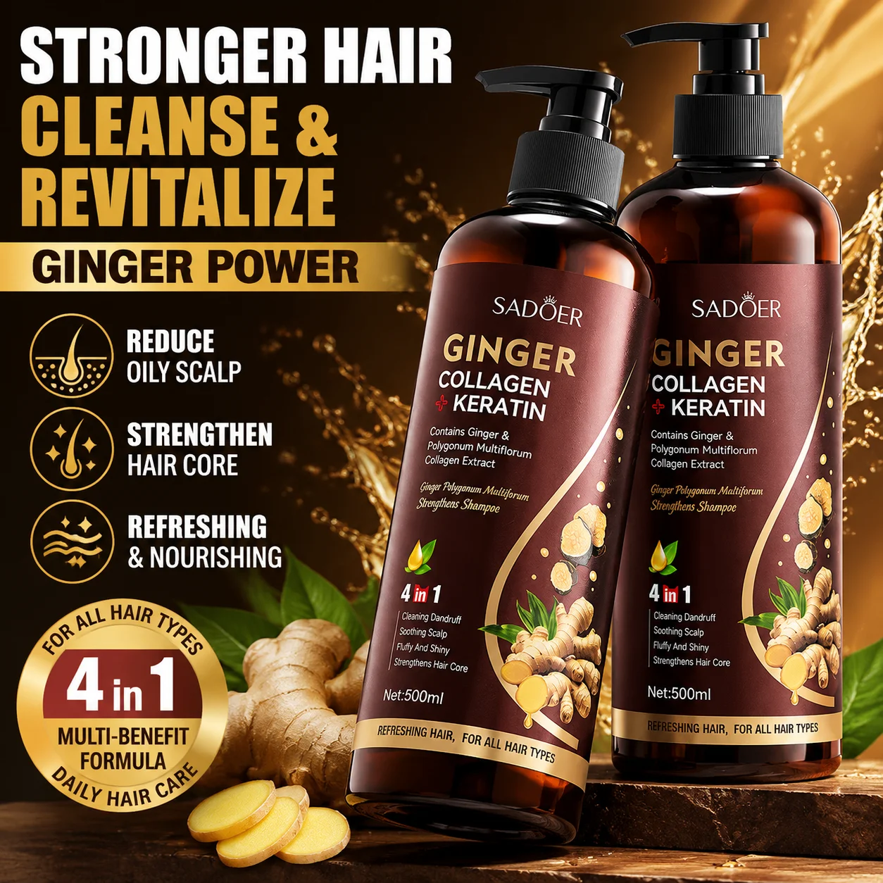 500ml ginger shampoo repairs dry and damaged hair, cleanses and nourishes Polygonum multiflorum, natural herbal quick dye
500ml ginger shampoo repairs dry and damaged hair, cleanses and nourishes Polygonum multiflorum, natural herbal quick dye