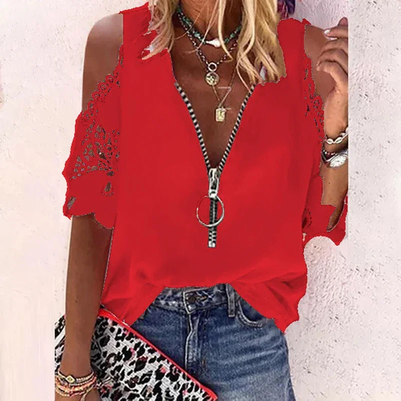 Fashion Zipper Blouse Casual Sexy Hollow Out Short Sleeve Lace Shirt Summer Clothes Women V-neck Loose Tops Blusa Mujer 24989
Fashion Zipper Blouse Casual Sexy Hollow Out Short Sleeve Lace Shirt Summer Clothes Women V-neck Loose Tops Blusa Mujer 24989
