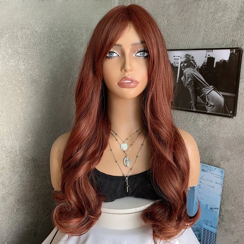 European and American fashion long curly hair dirty orange French bangs simulation wig women big wave headgear 
European and American fashion long curly hair dirty orange French bangs simulation wig women big wave headgear