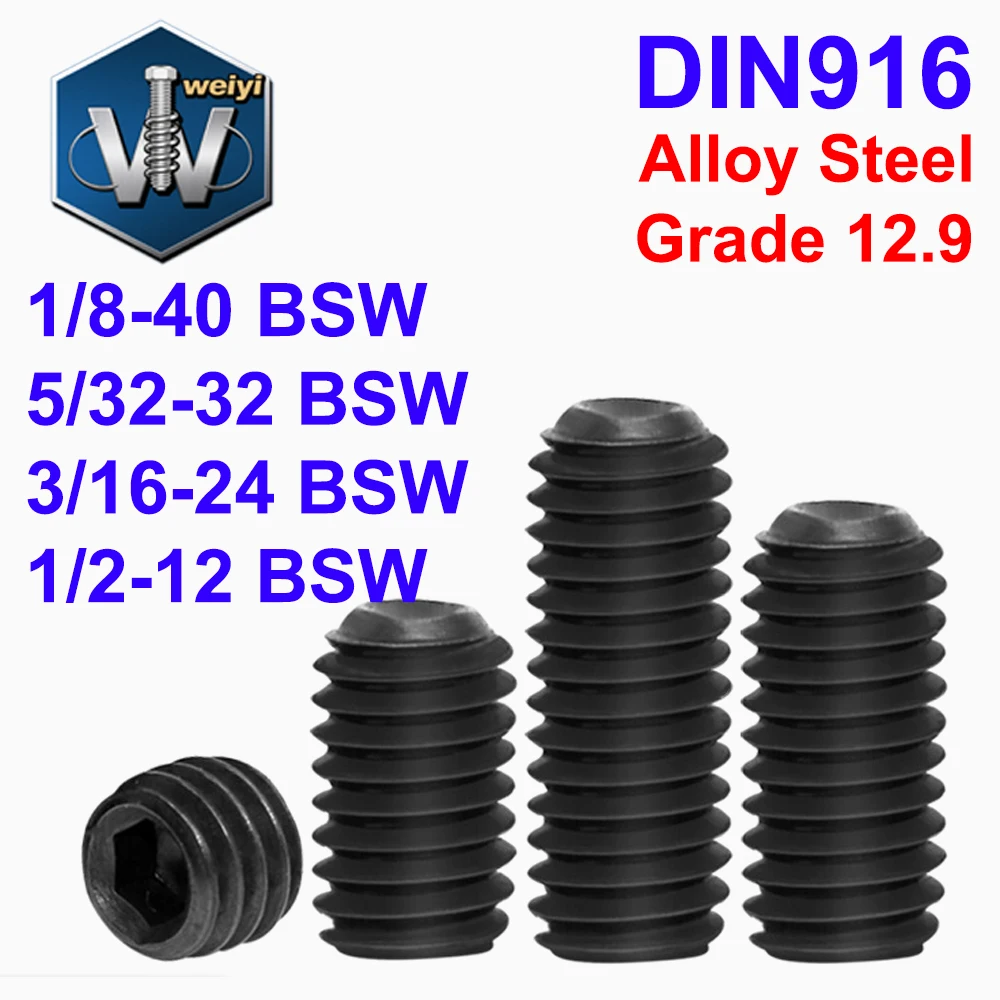 Weiyi DIN916 1/8'' 5/32'' 3/16'' 1/2'' BSW Grade 12.9 Alloy Steel Hex Socket Set Screws with Cup Point Headless Allen Bolts
Weiyi DIN916 1/8'' 5/32'' 3/16'' 1/2'' BSW Grade 12.9 Alloy Steel Hex Socket Set Screws with Cup Point Headless Allen Bolts