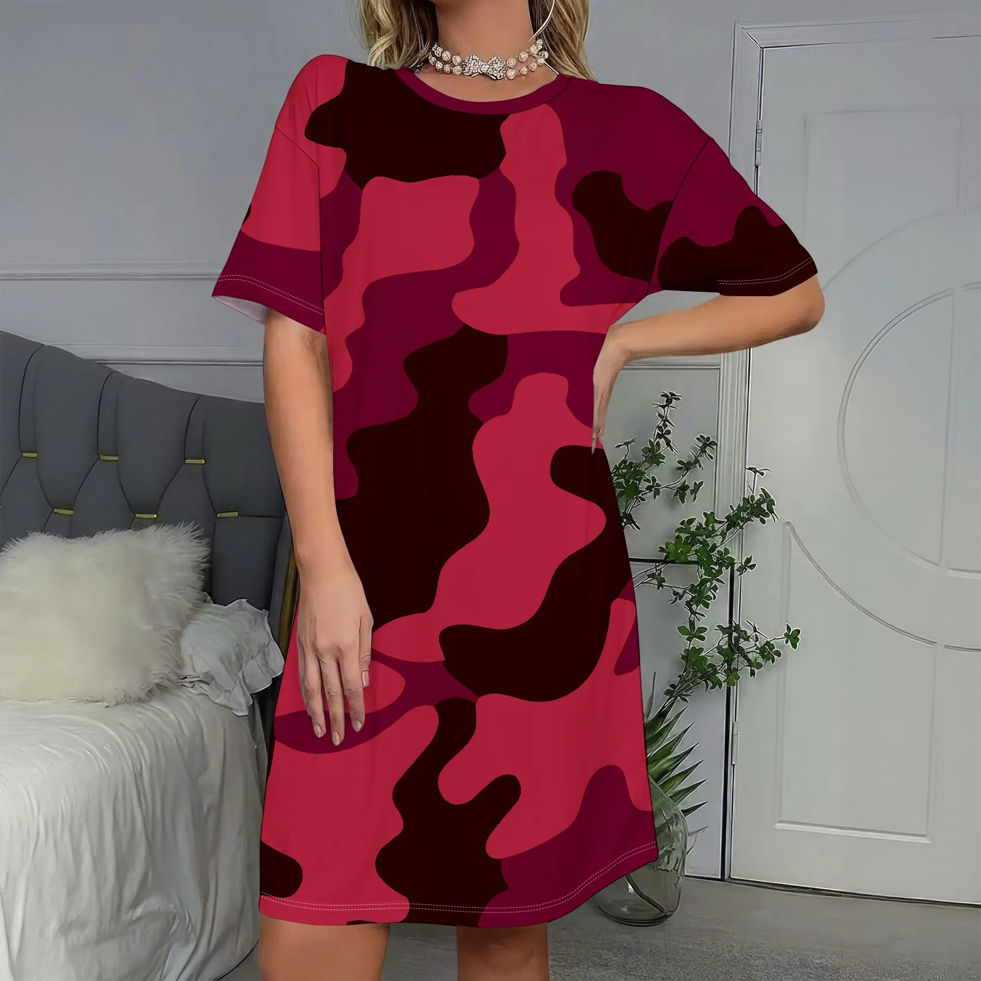 Short Sleeve Dress, Casual Camo Tunic, Red & Maroon Shift Dress, Trendy Loose Fit for Women, Summer Daily Wear
Short Sleeve Dress, Casual Camo Tunic, Red & Maroon Shift Dress, Trendy Loose Fit for Women, Summer Daily Wear