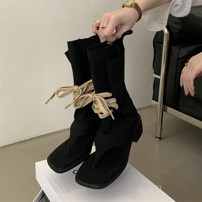 Women's Square Open Toe Thong Strap Lace‑Up Mid‑Calf Booties, Y2K Streetwear Chunky Block Heel Sandal Boots,Casual Edgy Footwear
Women's Square Open Toe Thong Strap Lace‑Up Mid‑Calf Booties, Y2K Streetwear Chunky Block Heel Sandal Boots,Casual Edgy Footwear