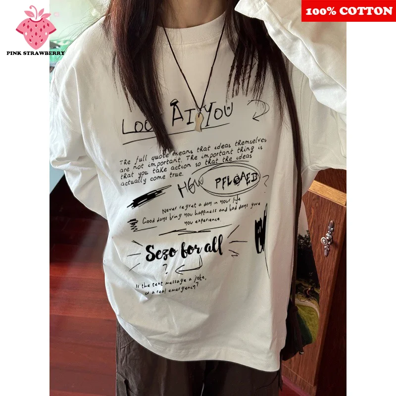 100% Cotton Round neck Long sleeved T-shirt Women Autumn Winter 2025 New American style Letter Print White T-shirt Y2k Top Men 
100% Cotton Round neck Long sleeved T-shirt Women Autumn Winter 2025 New American style Letter Print White T-shirt Y2k Top Men