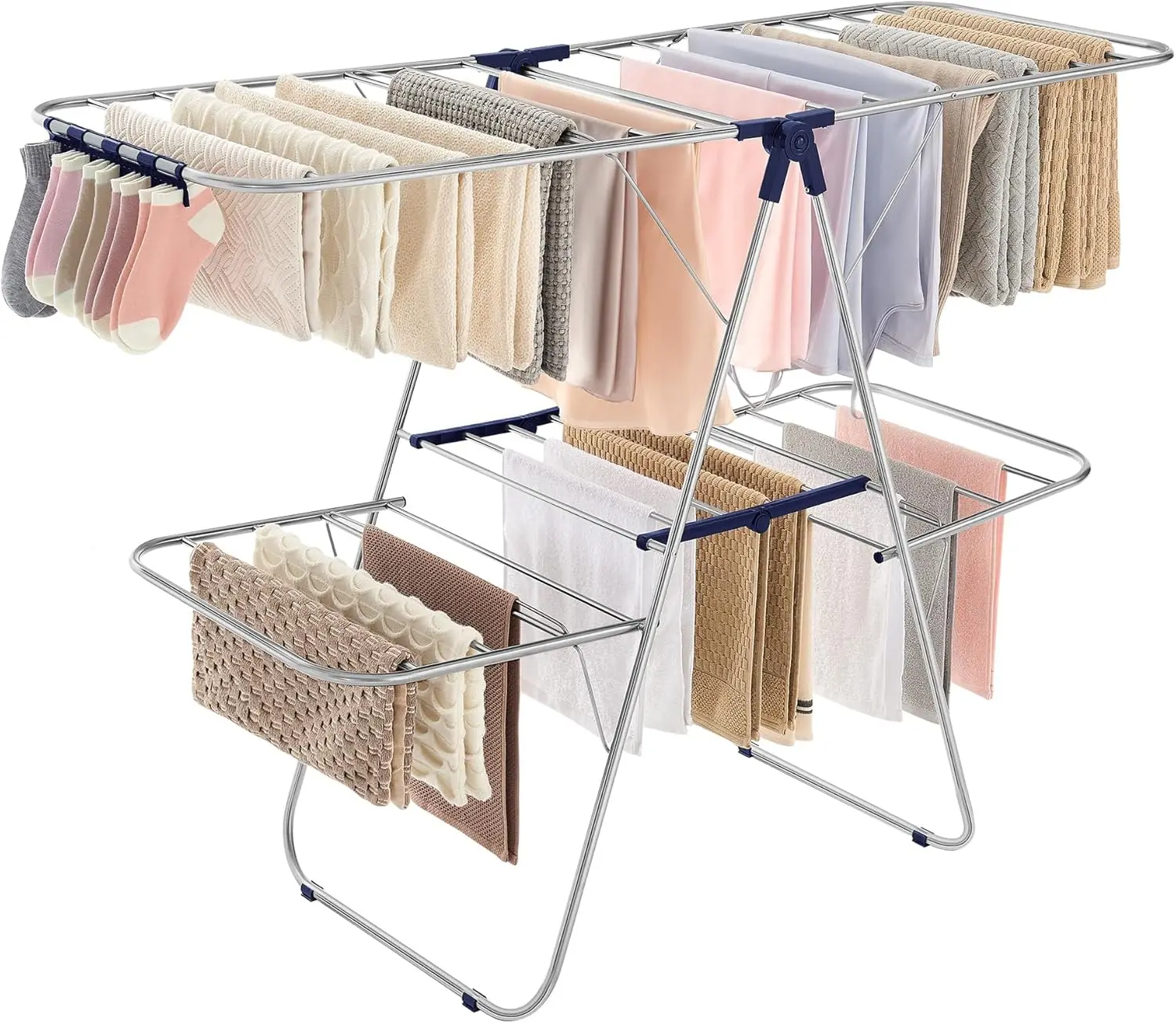 Foldable 2-Level Laundry Drying Rack with Adjustable Wings, 33 Rails, Sock Clips, Silver-Blue