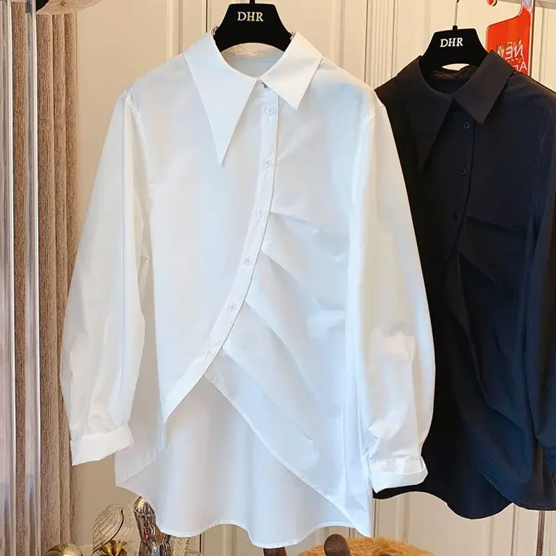 Women's Long Sleeve Button Up Asymmetrical Blouses, Casual Loose Turn-down Collar Tops, Monochromatic Shirts, Spring, Autumn
Women's Long Sleeve Button Up Asymmetrical Blouses, Casual Loose Turn-down Collar Tops, Monochromatic Shirts, Spring, Autumn