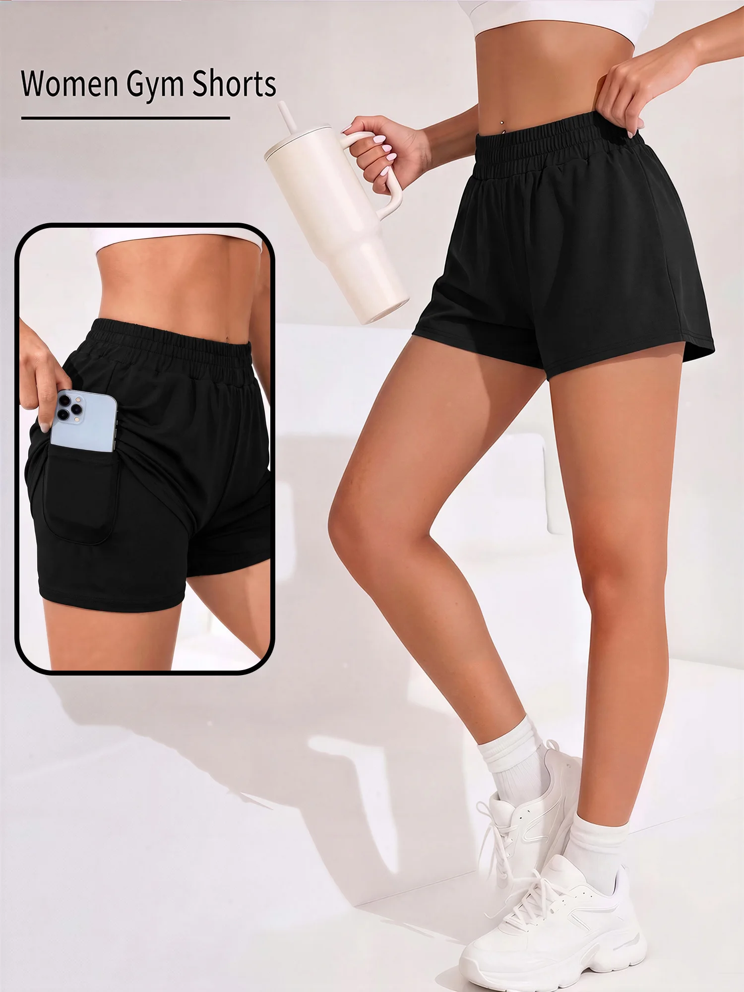 Fashion Solid Black Women Workout Shorts 2 Layer Anti Chafing Running Shorts With Phone Pockets
Fashion Solid Black Women Workout Shorts 2 Layer Anti Chafing Running Shorts With Phone Pockets