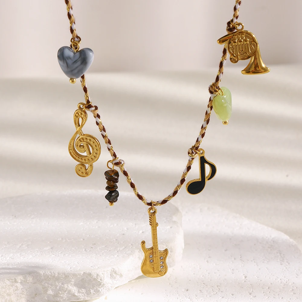 Women's Stainless Steel 18K Gold Plated Guitar Music Elements Necklace with Colorful Rope Detail Fashionable Jewelry Gift
Women's Stainless Steel 18K Gold Plated Guitar Music Elements Necklace with Colorful Rope Detail Fashionable Jewelry Gift