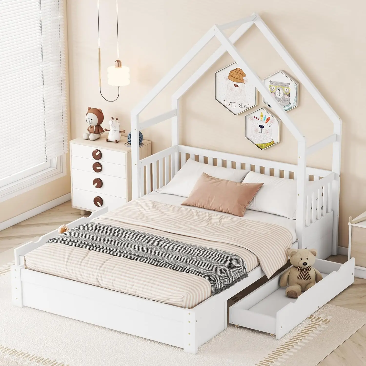 Wood Queen Size House Bed with 2 Storage Drawers, Montessori Low Platform Frame, White
Wood Queen Size House Bed with 2 Storage Drawers, Montessori Low Platform Frame, White