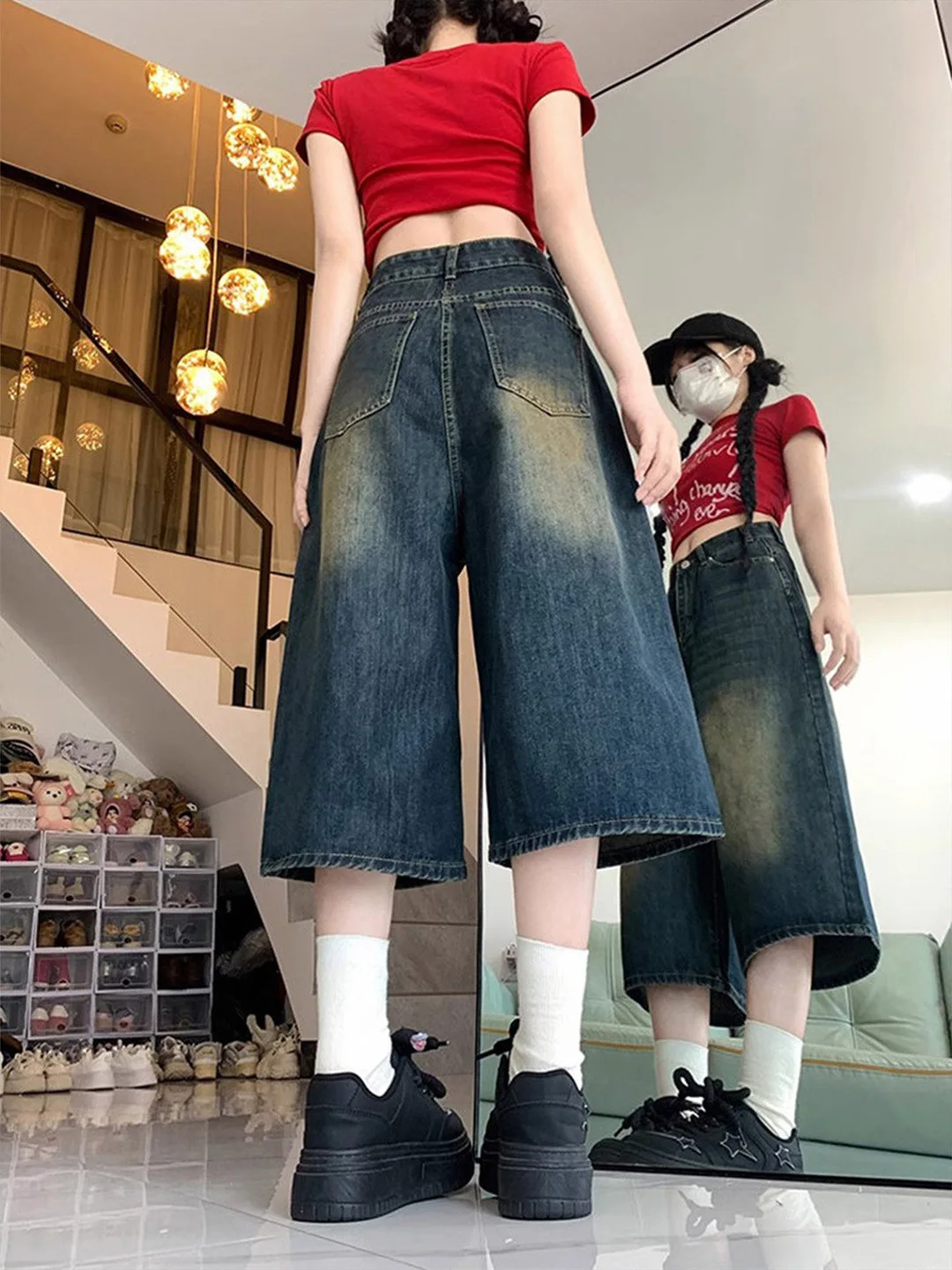 American Style Vintage Faded Seven-Quarter Denim Shorts Women's High Waist Loose Straight Wide Leg Pants Summer New Arrival
American Style Vintage Faded Seven-Quarter Denim Shorts Women's High Waist Loose Straight Wide Leg Pants Summer New Arrival