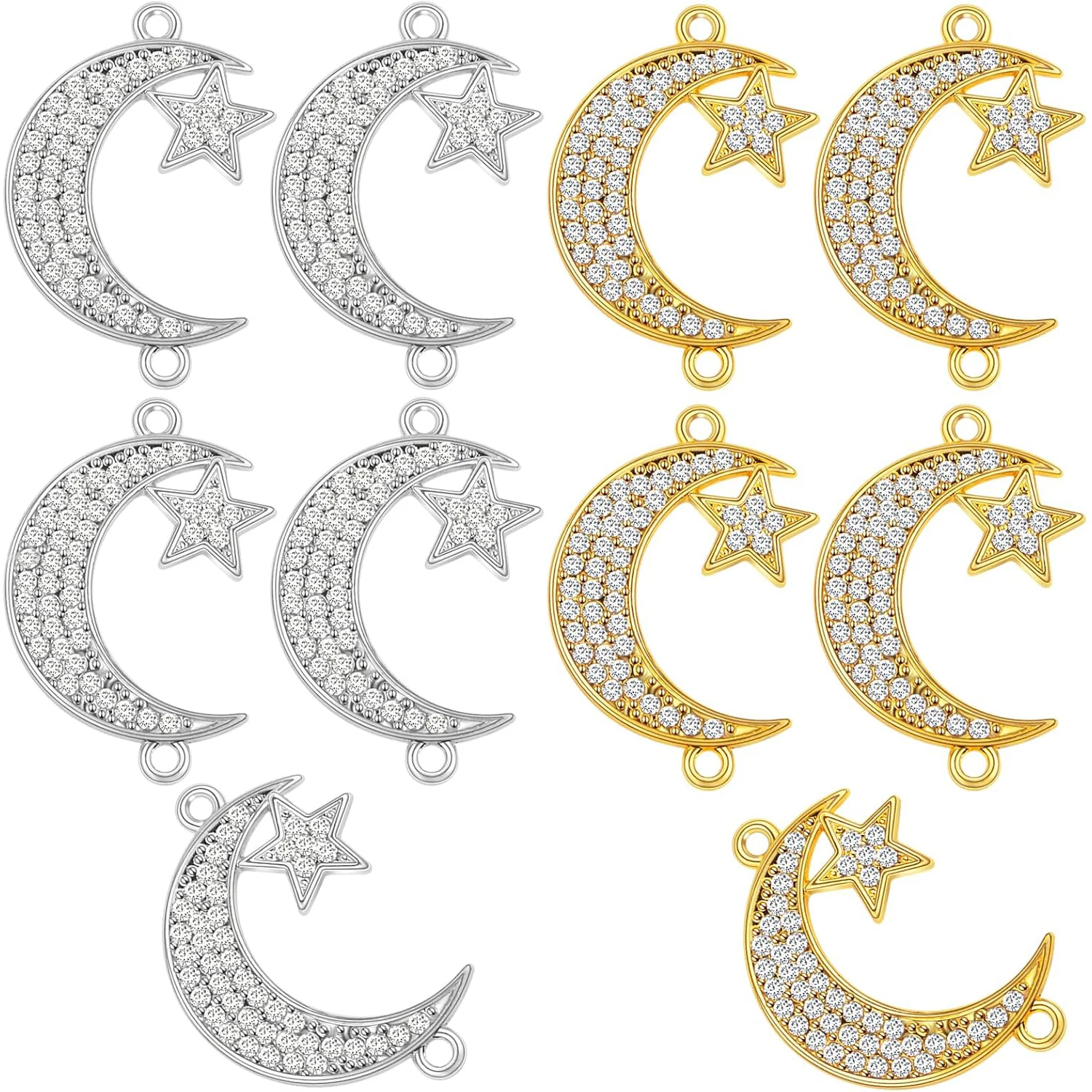 10 Pieces Crescent Moon and Star Charms Connectors with Rhinestone Alloy Moon Dangle Pendants with Double Loops for DIY Necklace
10 Pieces Crescent Moon and Star Charms Connectors with Rhinestone Alloy Moon Dangle Pendants with Double Loops for DIY Necklace