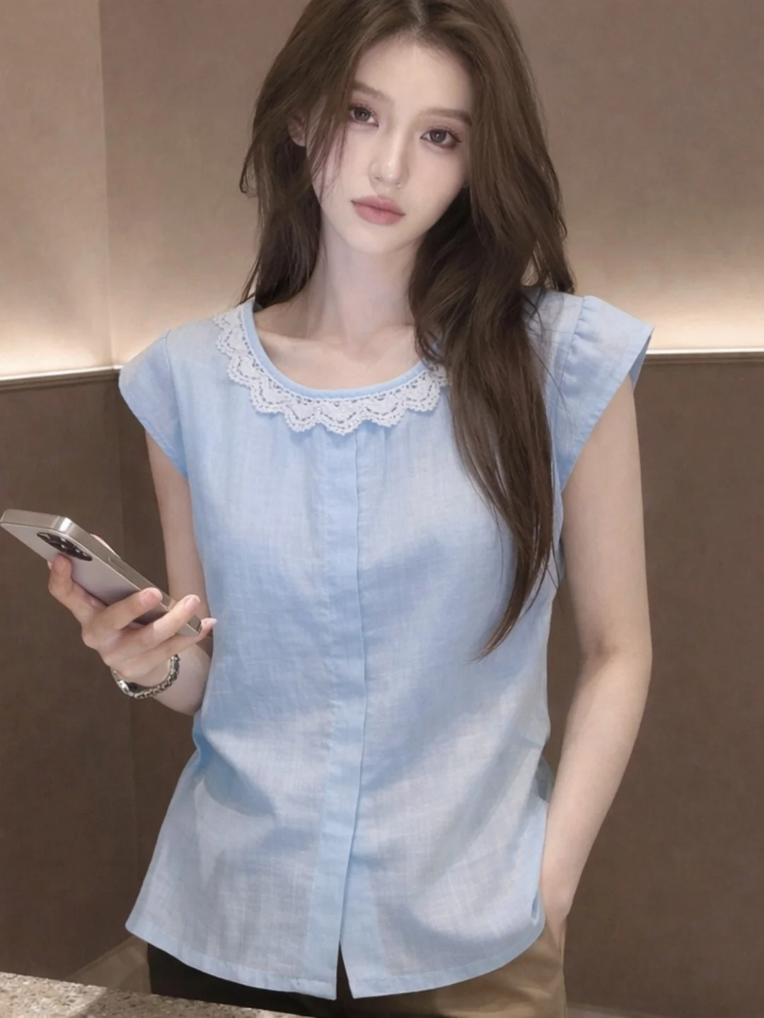 Gentle Wind round Neck Lace Trim Chiffon Shirt Korean Style Super Beautiful Youthful Top Summer Fashionable Small Shirt
Gentle Wind round Neck Lace Trim Chiffon Shirt Korean Style Super Beautiful Youthful Top Summer Fashionable Small Shirt