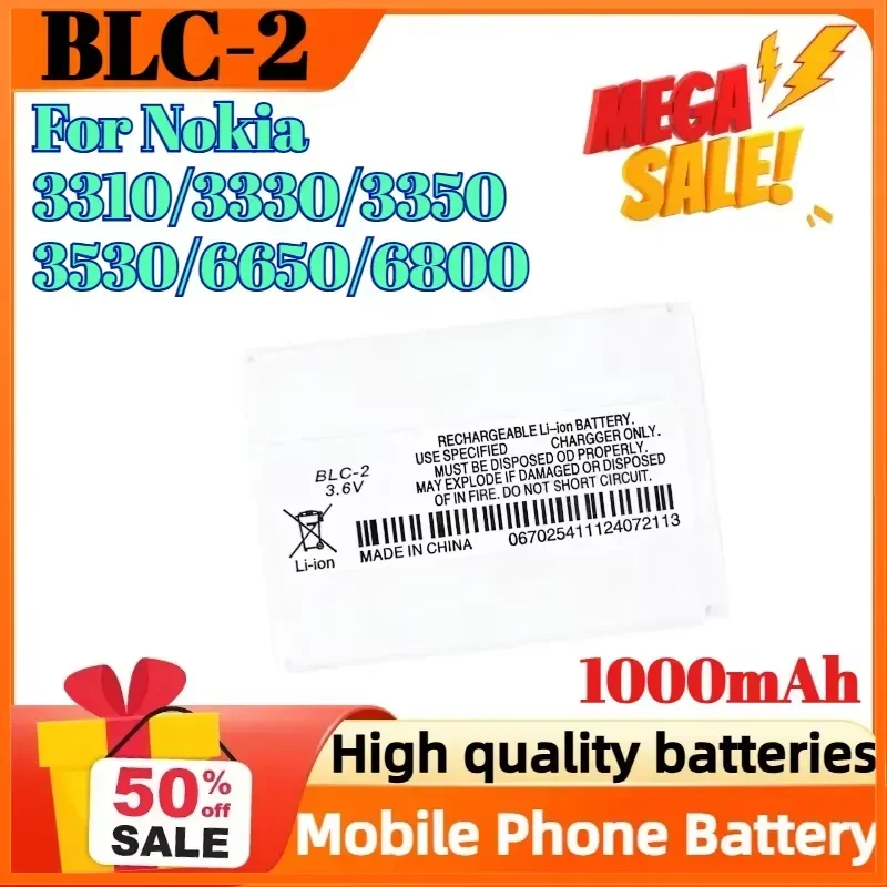 BLC-2 1000mAh Battery For Nokia 3310/3330/3350/3530/6650/6800 Mobile Phone Battery
BLC-2 1000mAh Battery For Nokia 3310/3330/3350/3530/6650/6800 Mobile Phone Battery