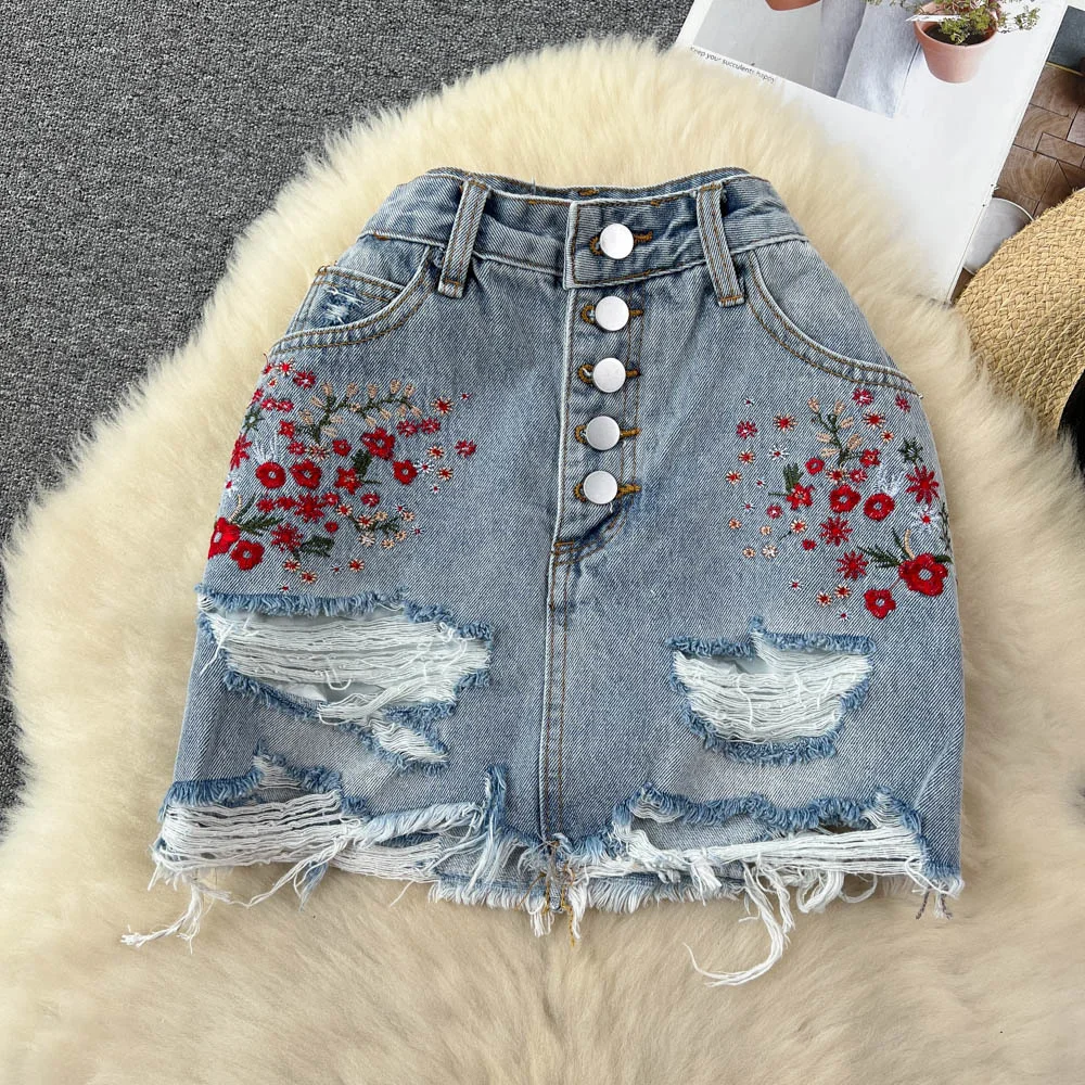 Foamlina High Street Jeans Skirt Women New Summer Buttons High Waist Flowers Emboridery Ripped Holes A Line Mini Denim Skirts
Foamlina High Street Jeans Skirt Women New Summer Buttons High Waist Flowers Emboridery Ripped Holes A Line Mini Denim Skirts