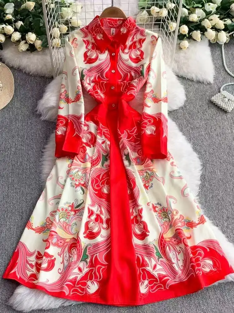 Fashion Vintage Print Temperament Dresses Women Polo Long Sleeves High Waist Slim Long Dress Autumn Elegant Party Dress
Fashion Vintage Print Temperament Dresses Women Polo Long Sleeves High Waist Slim Long Dress Autumn Elegant Party Dress