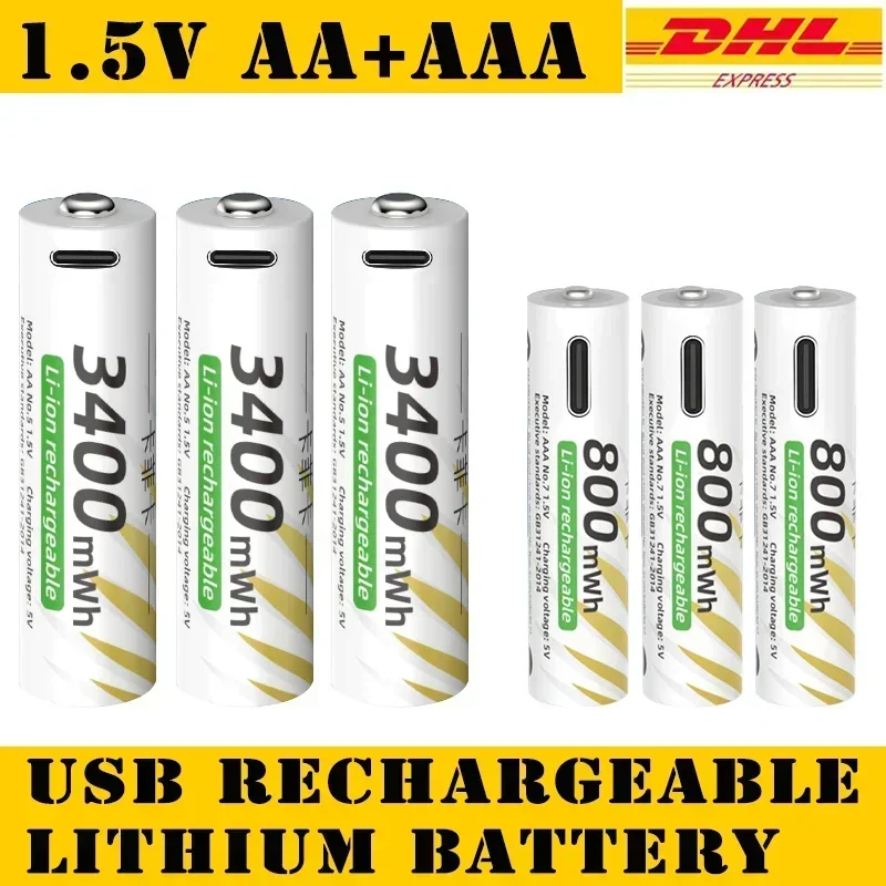 AAA and AA Rechargeable Batteries USB Lithium-ion 3400mWh 1.5V AA Rechargeable Batteries+800mWh 1.5V AAA Battery+ Type-C Cable
AAA and AA Rechargeable Batteries USB Lithium-ion 3400mWh 1.5V AA Rechargeable Batteries+800mWh 1.5V AAA Battery+ Type-C Cable