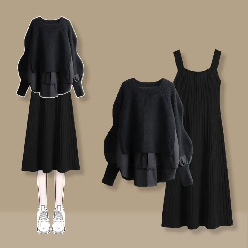 Women's 2025 Autumn Winter New Fake Two-piece Long-sleeved Shirt Sweater+knit Strap Skirt Suit Korean Elegant Dress Matching Set
Women's 2025 Autumn Winter New Fake Two-piece Long-sleeved Shirt Sweater+knit Strap Skirt Suit Korean Elegant Dress Matching Set