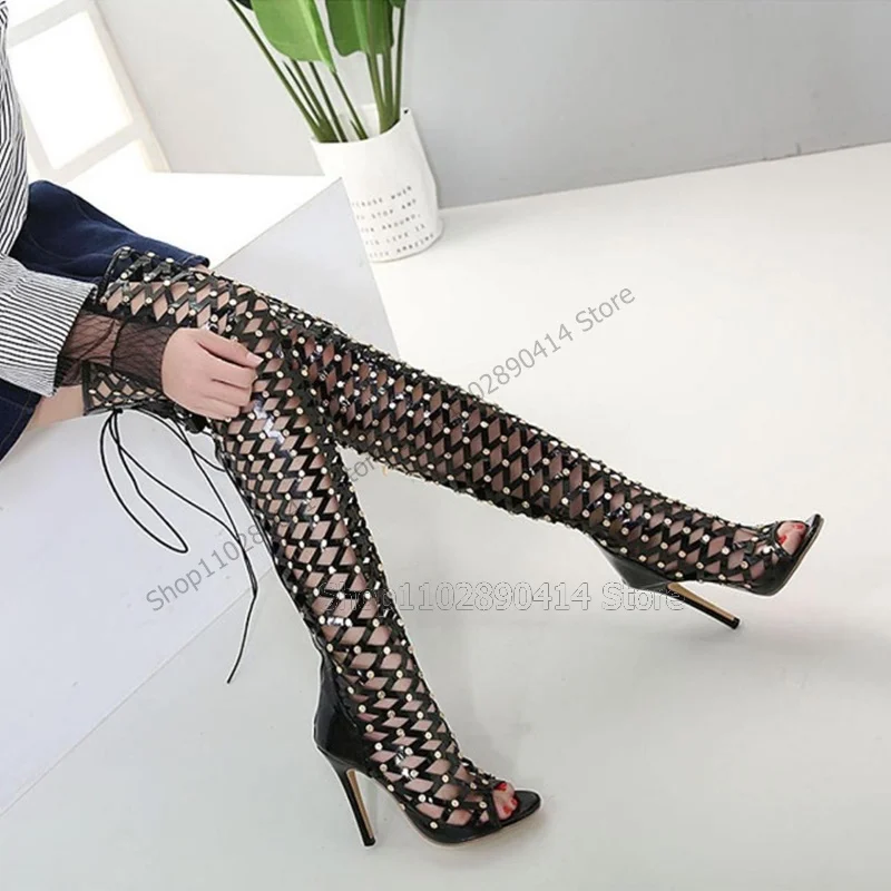 Black Hollow Design Rivets Decor Boots Thigh High Back Strap Women Shoes Thin High Heels Open Toe Sexy 2025 Zapatos Para Mujere
Black Hollow Design Rivets Decor Boots Thigh High Back Strap Women Shoes Thin High Heels Open Toe Sexy 2025 Zapatos Para Mujere