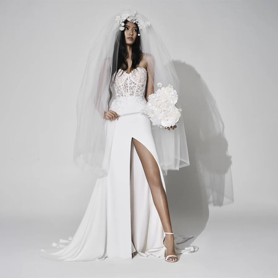 Customized Sweetheart Lace Top Sleeveless Front Slit Evening Dress Backless Zipper Bridal Gowns vestidos de fiesta
Customized Sweetheart Lace Top Sleeveless Front Slit Evening Dress Backless Zipper Bridal Gowns vestidos de fiesta