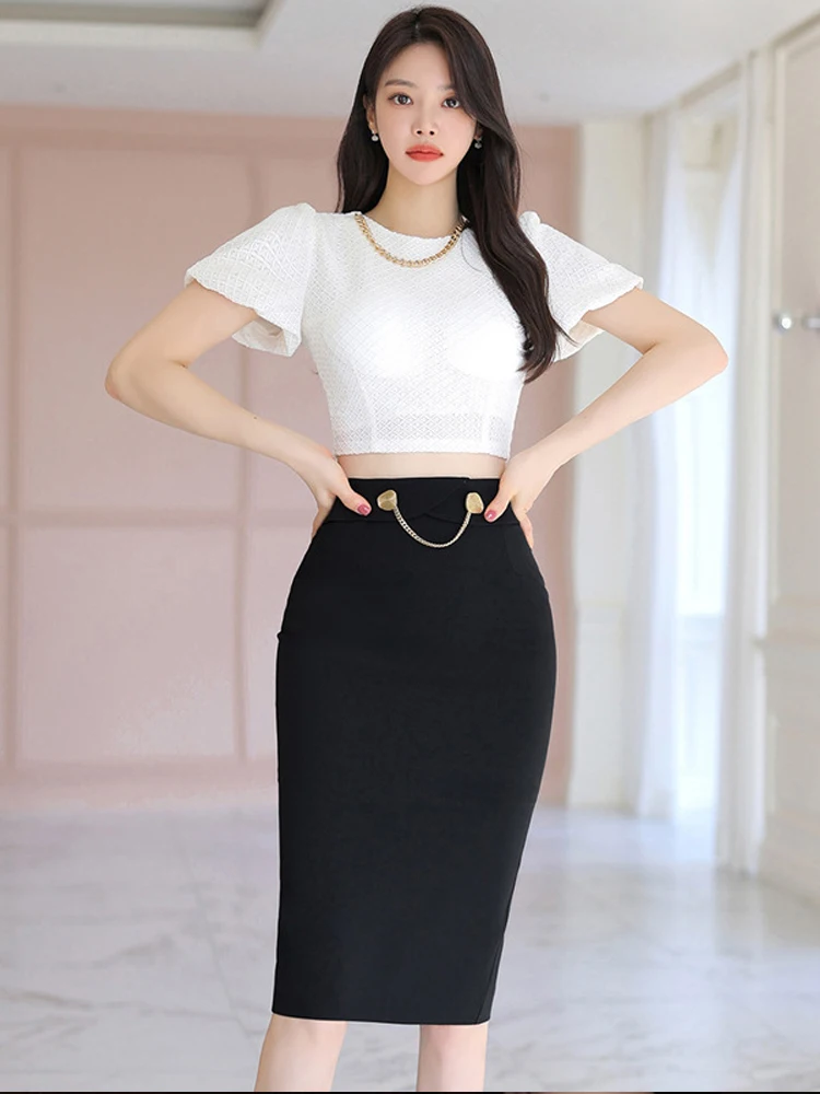 Fashion Elegant Work Style 2 Piece Outfit Women Clothes Sweet Cute White Crop Short Tops Shirt Blouse Black Midi Skirt Set Mujer
Fashion Elegant Work Style 2 Piece Outfit Women Clothes Sweet Cute White Crop Short Tops Shirt Blouse Black Midi Skirt Set Mujer