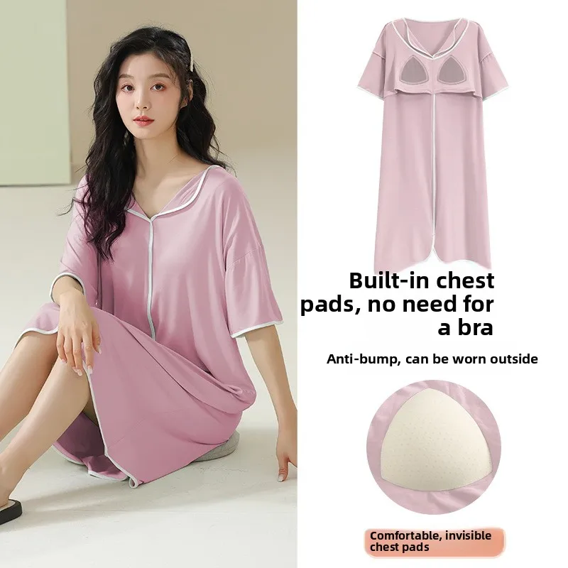 Summer Thin Short Sleeve Women's Dress with Chest Pad Anti-Bulge Home Clothes Pure Color Sleepwear Comfortable Cotton Material
Summer Thin Short Sleeve Women's Dress with Chest Pad Anti-Bulge Home Clothes Pure Color Sleepwear Comfortable Cotton Material