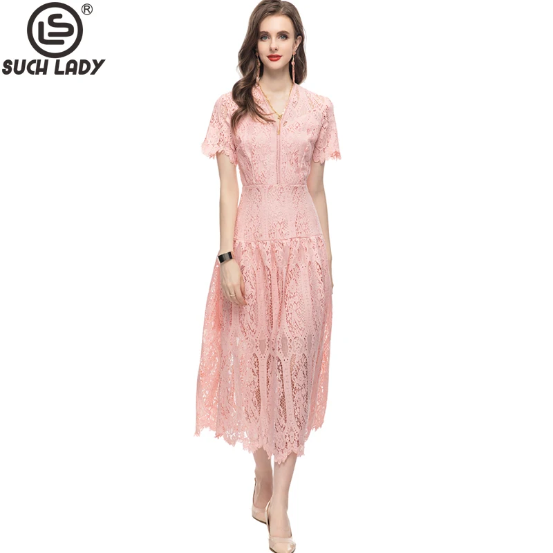 Women's Runway Dresses Sexy V Neck Short Sleeves Fashion High Street Lace Vestidos
Women's Runway Dresses Sexy V Neck Short Sleeves Fashion High Street Lace Vestidos