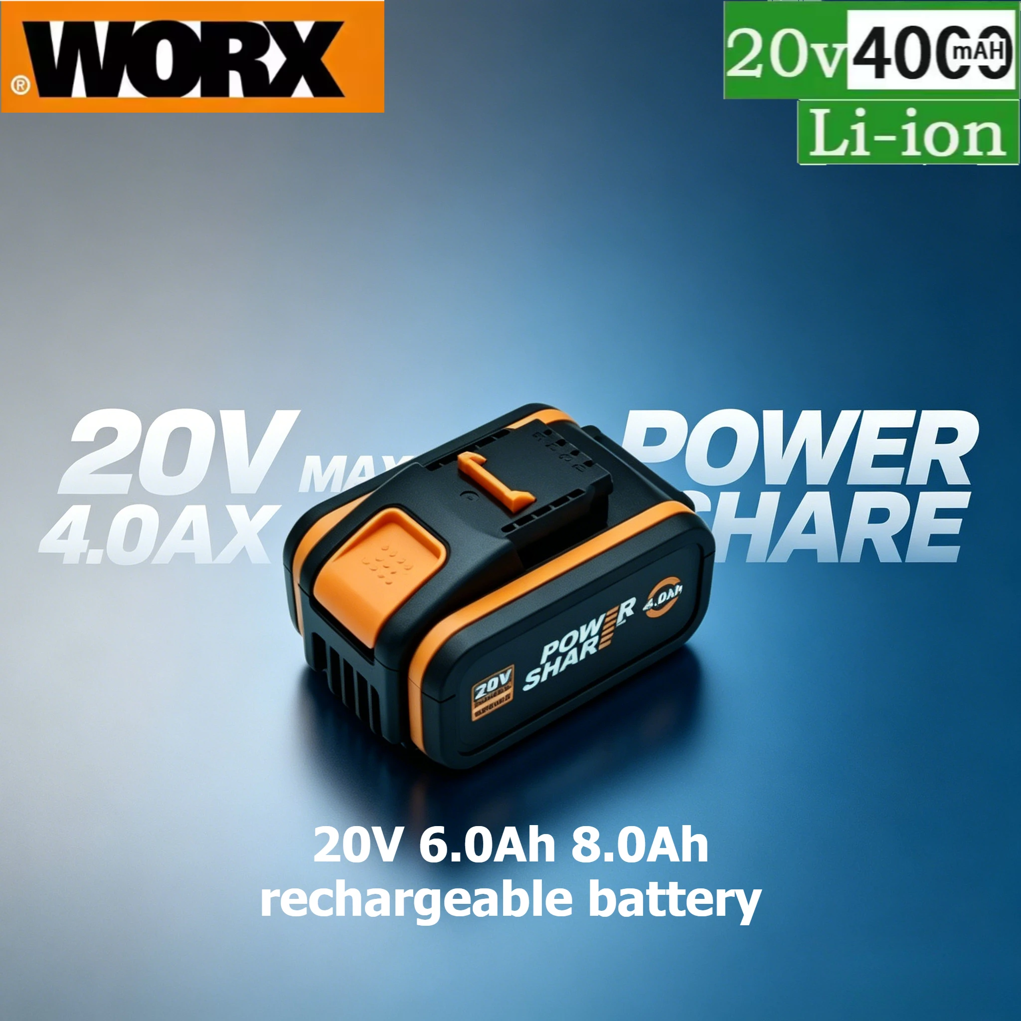 Original Worx 8000mAh 20V Rechargeable Lithium Battery for Worx Power Share Cordless Tools Replacement Battery
Original Worx 8000mAh 20V Rechargeable Lithium Battery for Worx Power Share Cordless Tools Replacement Battery
