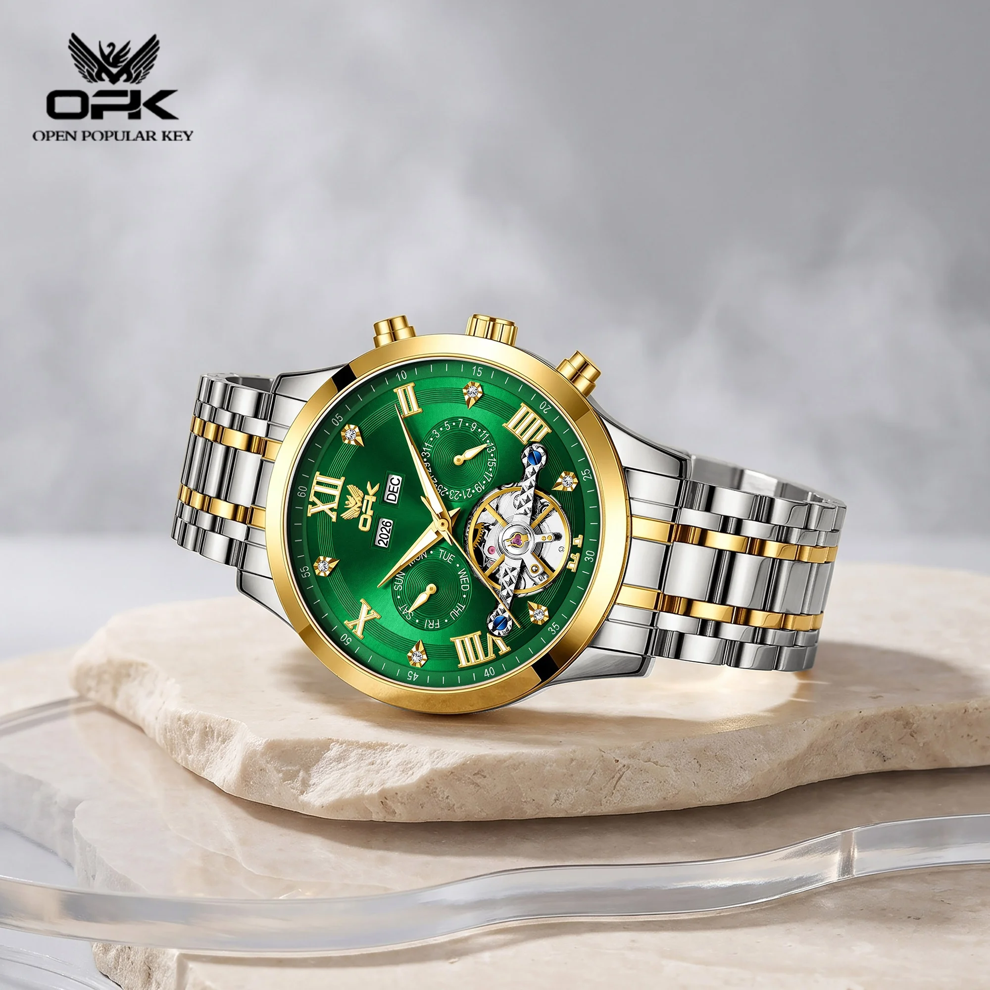OPK 8198 Business Men Hollow Dial Fully Automatic Mechanical Watch Year Display Steel Strip HD Night Light 30M Waterproof Watch
OPK 8198 Business Men Hollow Dial Fully Automatic Mechanical Watch Year Display Steel Strip HD Night Light 30M Waterproof Watch