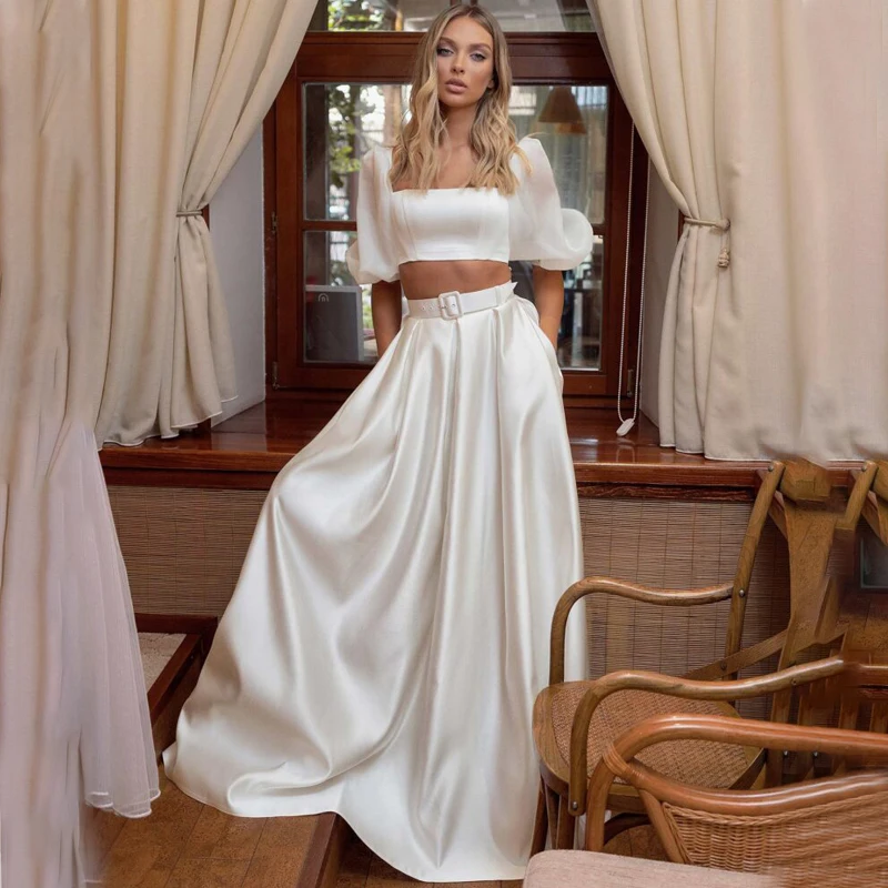 Boat Neck Short Sleeve Crop Two-piece Set Pockets Wedding Dress A-Line Belt Satin Zipper Bridal Gown
Boat Neck Short Sleeve Crop Two-piece Set Pockets Wedding Dress A-Line Belt Satin Zipper Bridal Gown