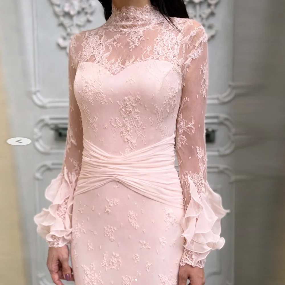  Charming Pink Mermaid Evening Dresses Elegant Lace O Neck Long Sleeve Vestido de Fiesta Vintage Pleats Prom Dress Customized
Charming Pink Mermaid Evening Dresses Elegant Lace O Neck Long Sleeve Vestido de Fiesta Vintage Pleats Prom Dress Customized