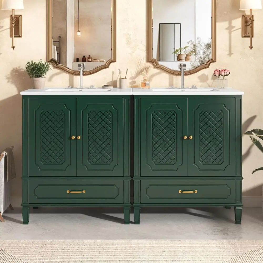 Vintage 60 Double Vanity with Ceramic Sinks, Solid Wood Cabinet, Soft-Closing Doors, Green
Vintage 60 Double Vanity with Ceramic Sinks, Solid Wood Cabinet, Soft-Closing Doors, Green