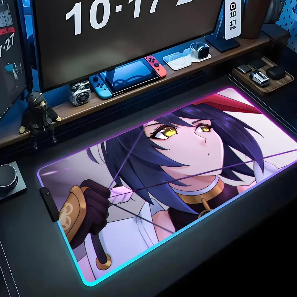 kujou sara Mouse Pad RGB Gaming Mousepad Big LED Pad PC Desk Mat Luminous Mouse Pad Large Keyboard Mats Table Rug With Backlit