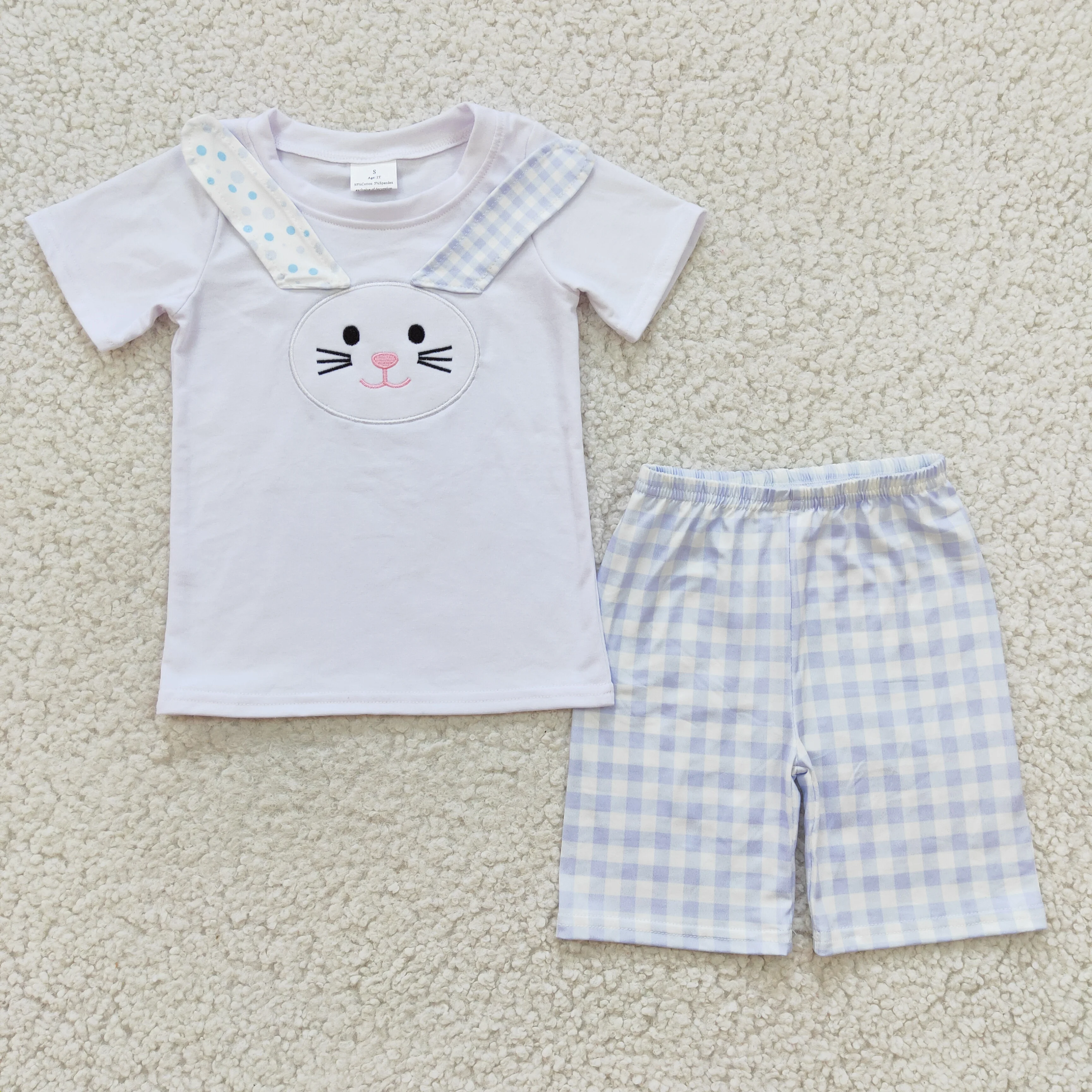BSSO0090 boy white cotton short sleeve top with rabbit embroidery match plaid shorts
BSSO0090 boy white cotton short sleeve top with rabbit embroidery match plaid shorts