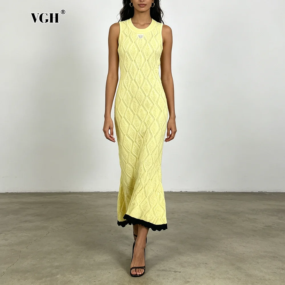 VGH Summer Vacations Yellow Diamond Accent Knit Dress for Women O Neck Sleeveless Slimming Mermaid Midi Skirt for Street Style
VGH Summer Vacations Yellow Diamond Accent Knit Dress for Women O Neck Sleeveless Slimming Mermaid Midi Skirt for Street Style