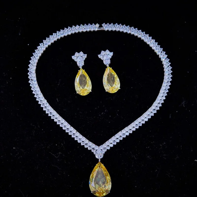 Europe America Fashion High-end Jewellery Women Lady Settings Teardrop Yellow Zircon Pendant Dinner Necklace Earrings
Europe America Fashion High-end Jewellery Women Lady Settings Teardrop Yellow Zircon Pendant Dinner Necklace Earrings