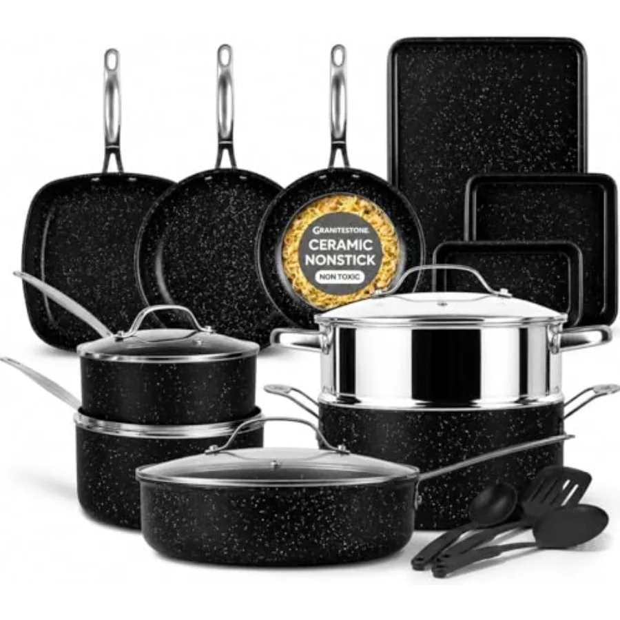 20 Pc Complete Pots and Pans Set for Home Kitchen Use, Non-Stick Aluminum with Black Coating, PFOA PFOS Free, Oven and Dishwash
20 Pc Complete Pots and Pans Set for Home Kitchen Use, Non-Stick Aluminum with Black Coating, PFOA PFOS Free, Oven and Dishwash