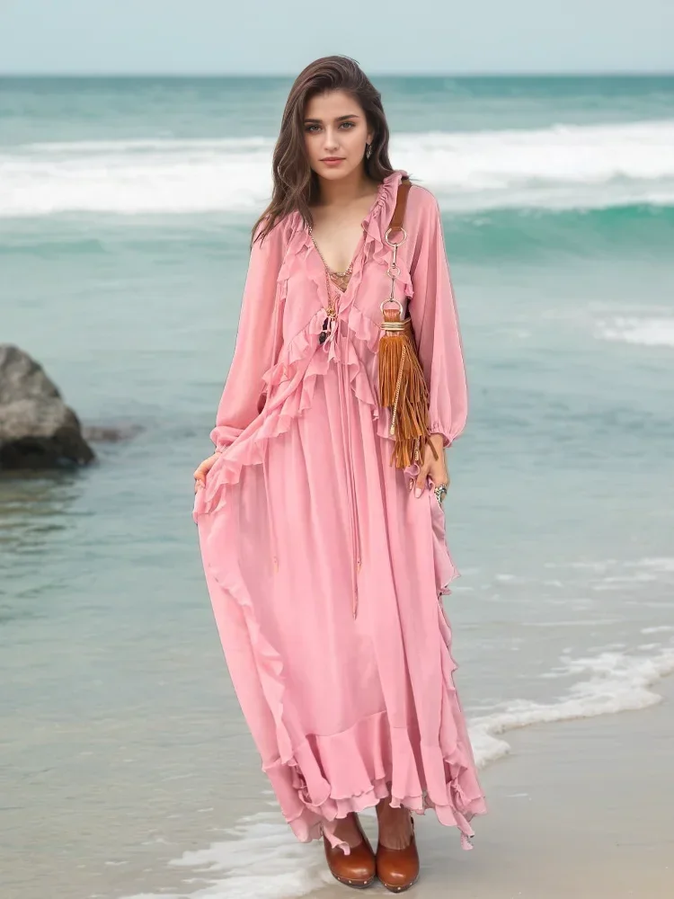 Pink Ruffles Lace Up Loose Chiffon Long Dress Elegant Women V-neck Lantern Full Sleeves Robes Spring Chic Lady Street Wear
Pink Ruffles Lace Up Loose Chiffon Long Dress Elegant Women V-neck Lantern Full Sleeves Robes Spring Chic Lady Street Wear