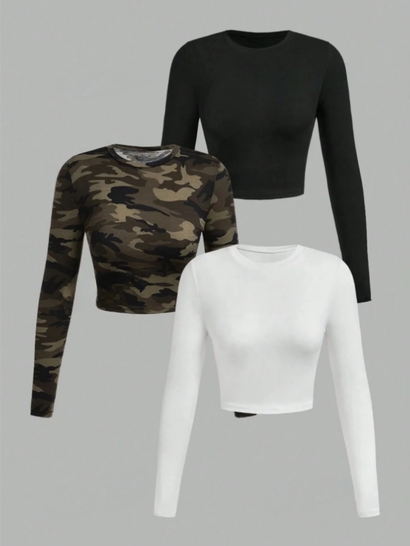 Женская облегающая повседневная однотонная камуфляжная футболка с круглым вырезом, комплект из трех предметов, разноцветная 
Женская облегающая повседневная однотонная камуфляжная футболка с круглым вырезом, комплект из трех предметов, разноцветная