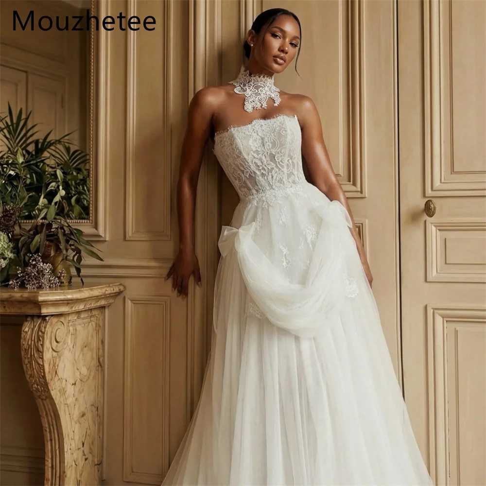 Mouzhetee A-Line Elegant Strapless Lace Tulle Wedding Dresses Simple Sleeveless Brides Gown Custom Made 2026
Mouzhetee A-Line Elegant Strapless Lace Tulle Wedding Dresses Simple Sleeveless Brides Gown Custom Made 2026