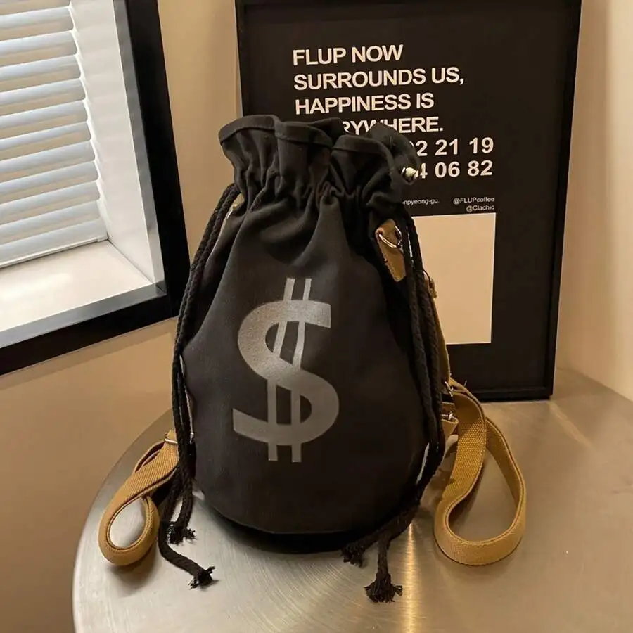 Canvas Drawstring Backpack With Dollar Sign Print, Adjustable Strap, Khaki Rope Detail, Casual Style
Canvas Drawstring Backpack With Dollar Sign Print, Adjustable Strap, Khaki Rope Detail, Casual Style