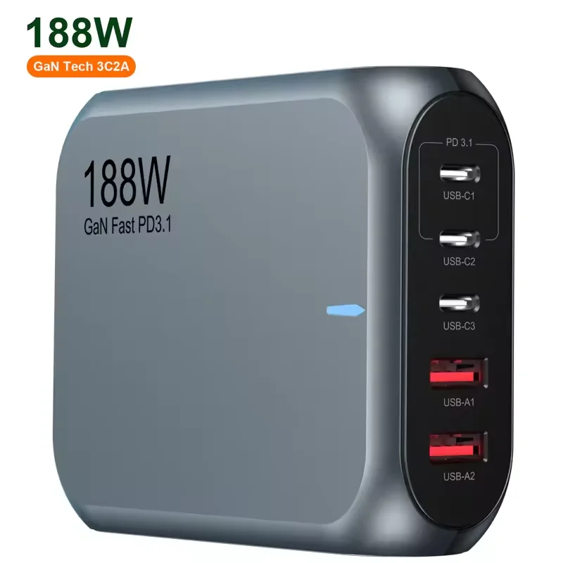 PD3.1 188W GaN Tech Desktop Charger 3 Type-C & 2 USB-A Ports for iphone 13 pro max iphone xr
PD3.1 188W GaN Tech Desktop Charger 3 Type-C & 2 USB-A Ports for iphone 13 pro max iphone xr