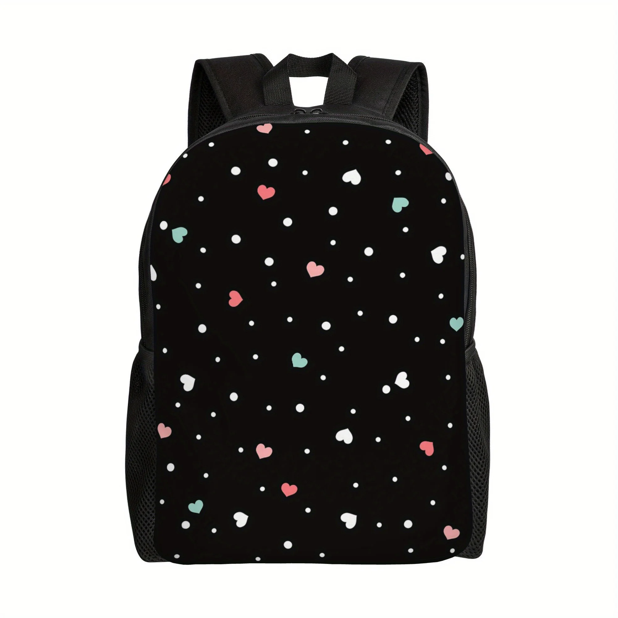 Casual backpack, single compartment design, inlaid with colorful hearts and white polka dot pattern, perfect for daily use
Casual backpack, single compartment design, inlaid with colorful hearts and white polka dot pattern, perfect for daily use