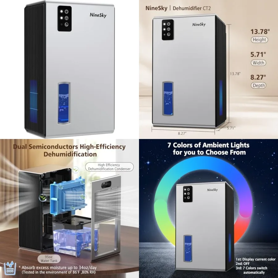 Dehumidifier, 1000 sq.ft Dehumidifiers for Home with 95oz Large Water Tank, Quiet Dehumidifier with 7-Color Ambient Light and A
Dehumidifier, 1000 sq.ft Dehumidifiers for Home with 95oz Large Water Tank, Quiet Dehumidifier with 7-Color Ambient Light and A