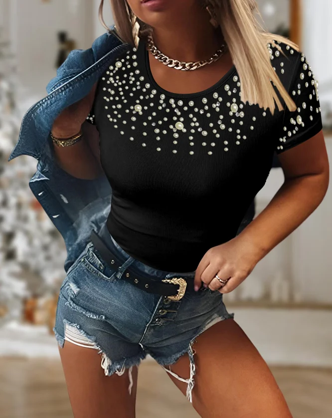 New Fashion Pearls Decor Round Neck Short Sleeve T Shirt for Women Clothing Summer Skinny Tops Women's Casual Slim Crop Top
New Fashion Pearls Decor Round Neck Short Sleeve T Shirt for Women Clothing Summer Skinny Tops Women's Casual Slim Crop Top