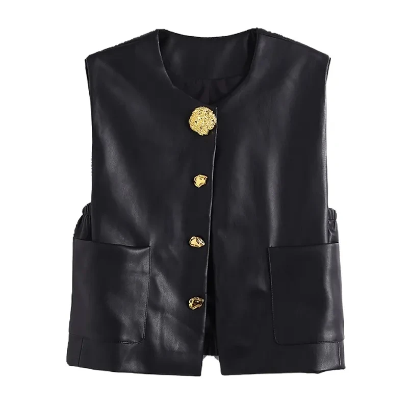 Black Design Chic Button PU Leather Short Vest Women's Versatile Casual Sleeveless Leather Jacket Spring Autumn Winter Vest Coat
Black Design Chic Button PU Leather Short Vest Women's Versatile Casual Sleeveless Leather Jacket Spring Autumn Winter Vest Coat