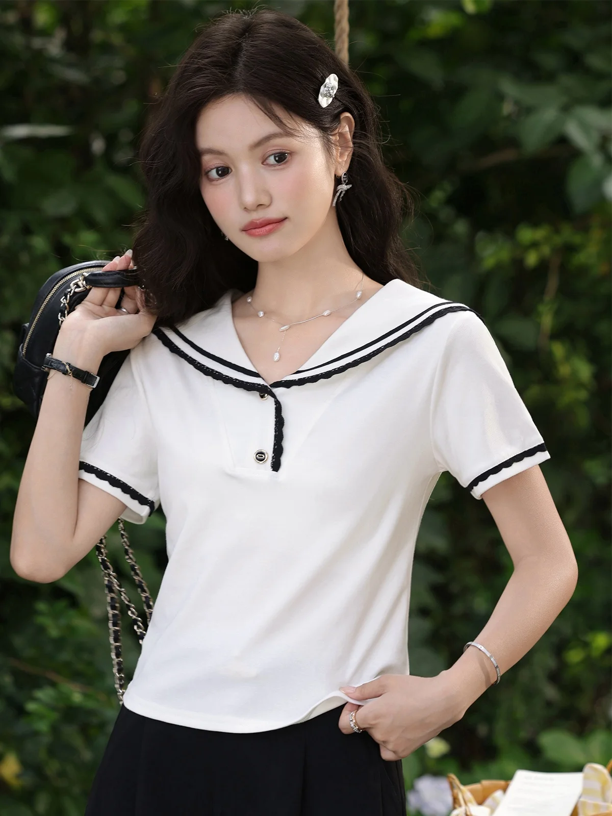 Unique Navy Collar ort Sve Women's T-irt oulder to oulder Design Classic Pattern Loose Fit Summer Top by Deer South
Unique Navy Collar ort Sve Women's T-irt oulder to oulder Design Classic Pattern Loose Fit Summer Top by Deer South